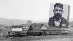 The Santa Fe Railroad Depot in Escondido with the mugshot of a paroled person over the background image.