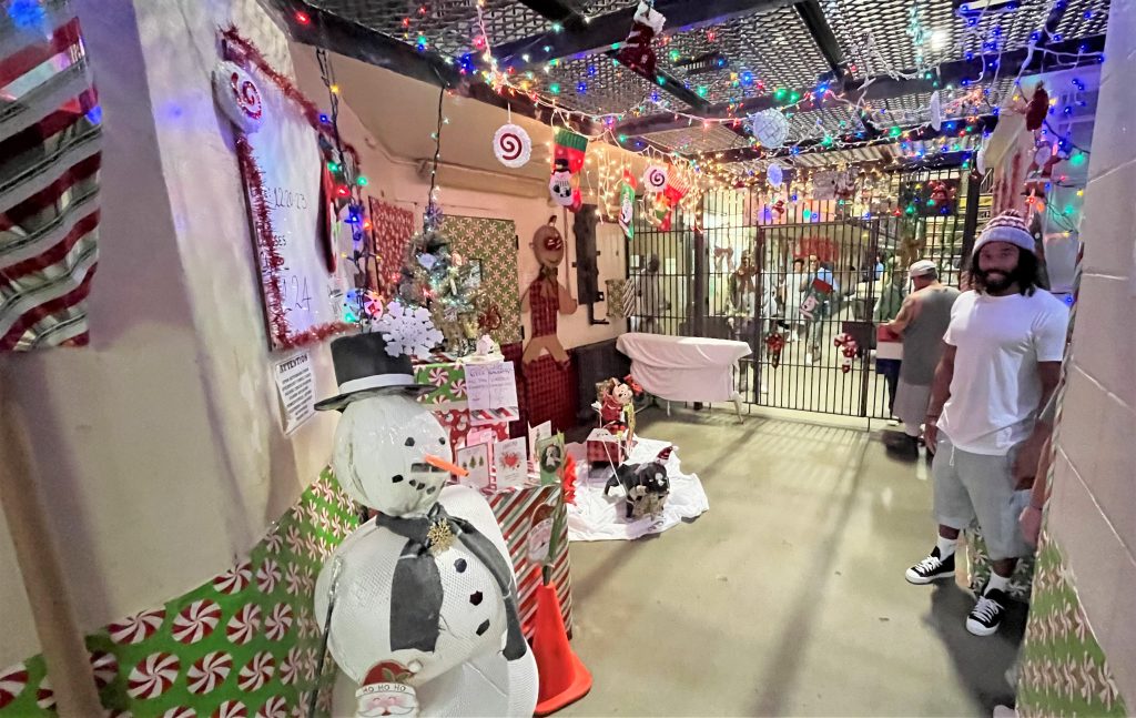 A prison sally port is decorated for the holidays at Correctional Training Facility.