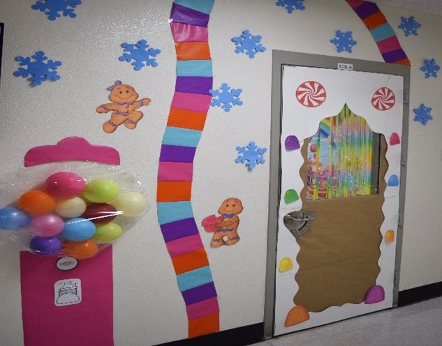 Decorations on a door and wall.