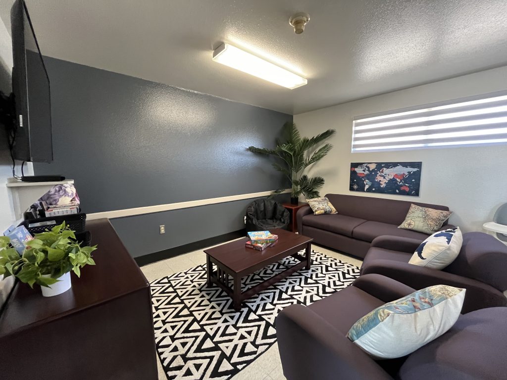 A living room in a family visiting area in a prison.