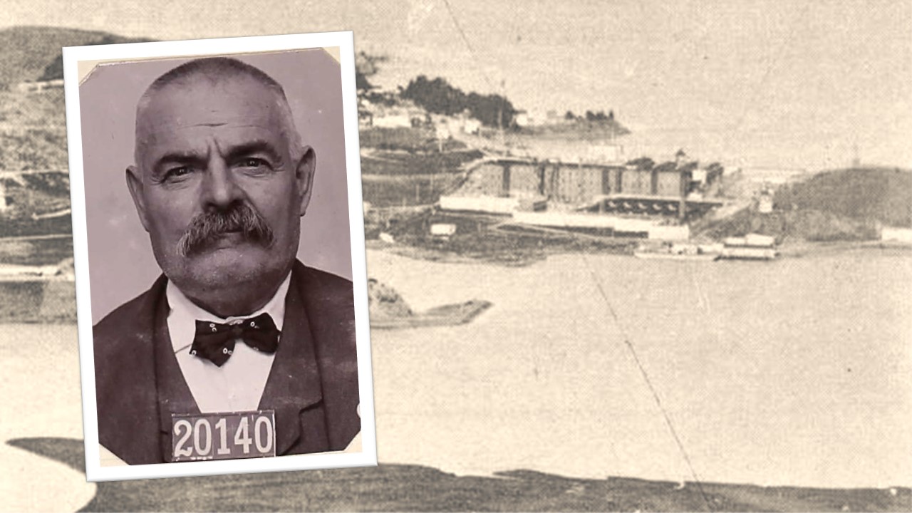 Frank Seppi, 20140, with San Quentin in the backround in the early 1900s.