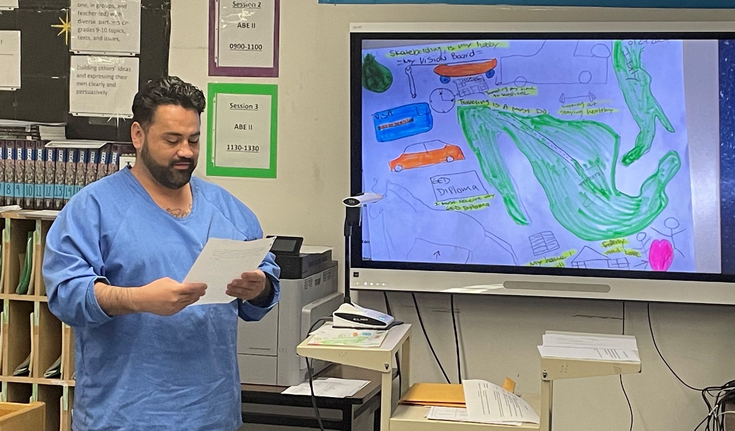Goal-planning vision board presentation project with student showing his work at High Desert State Prison.