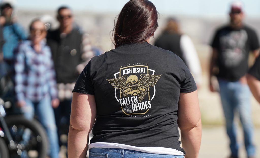 A woman wearing a Fallen Heroes Ride shirt.