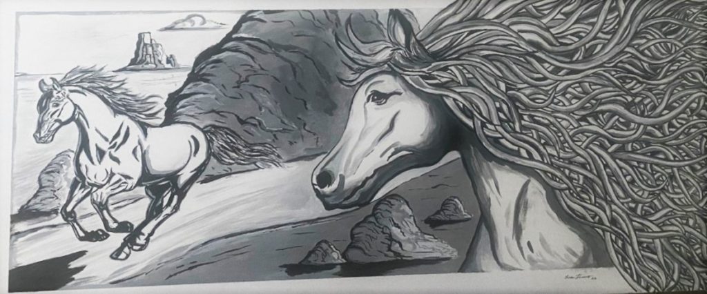 pencil sketch of horses running.