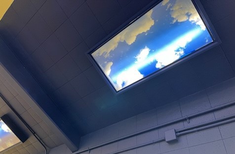 Sky-blue painted light covers.