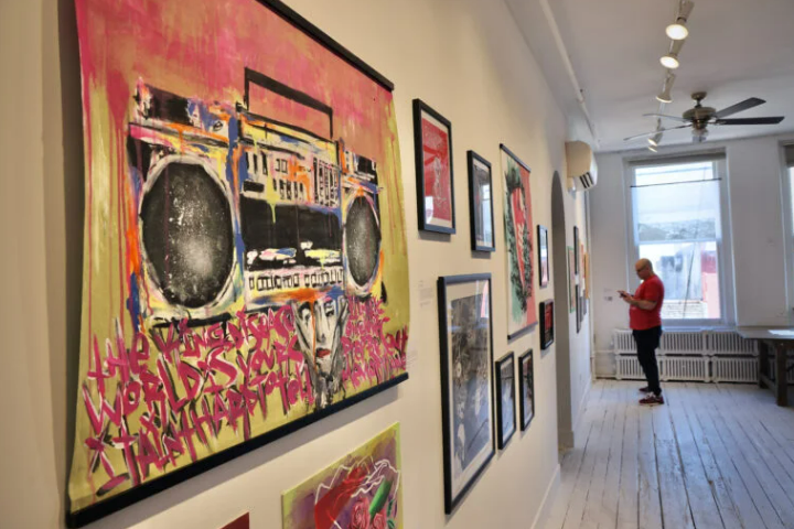 art painting with man in background