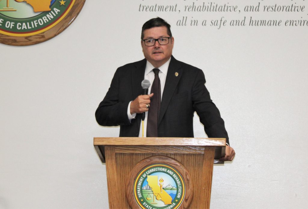 District Attorney speaking at Centinela State Prison.