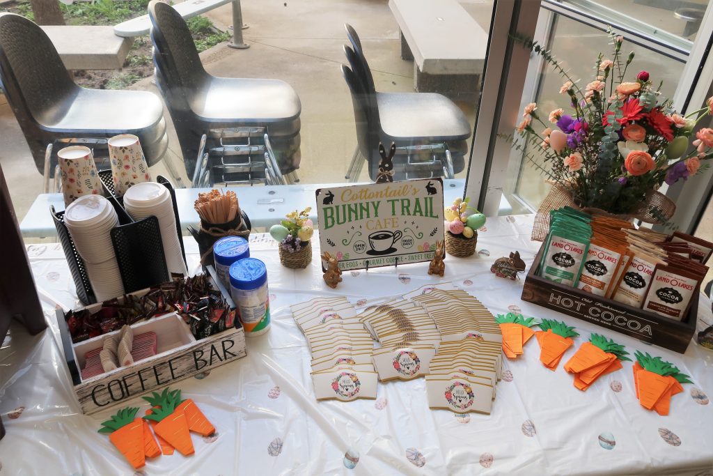 Easter visiting bunny trail cafe table.