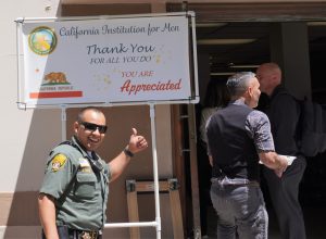 California Institution for Men (CIM) hosting a staff appreciation day as people line up to get food.