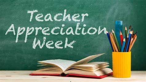 Teacher Appreciation Week written on a chalk board with a book and pencils on a desk in the foreground.