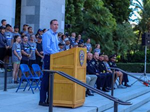 Jeffrey Macomber, secretary of CDCR, speaks during the Torch Run ceremony at the Capitol.
