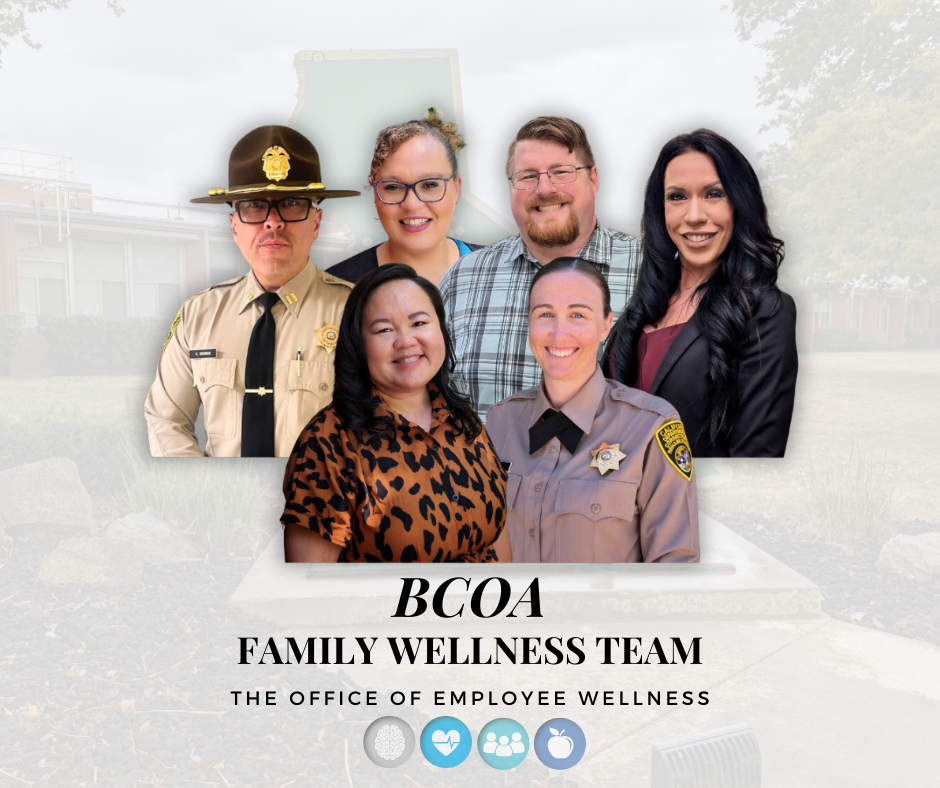 BCOA Academy Family Wellness team, the office of employee wellness, with logos across the bottom of the image overlayed with six portraits of team members.