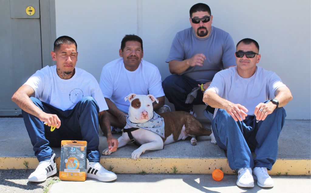 Tour incarcerated men with a dog, dog food, and a few toys.