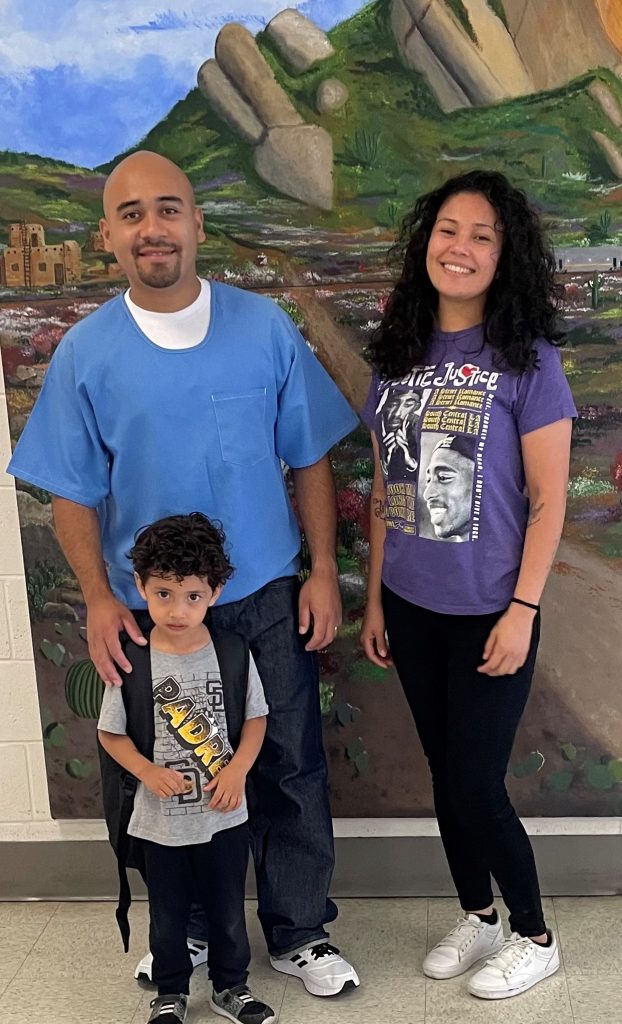 Saturday visiting at RJD with an incarcerated man, a woman and a child wearing a new backpack.