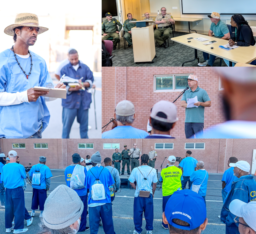 Photo collage of staff and the incarcerated population at two separate San Quentin town hall meetings.