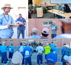 Photo collage of staff and the incarcerated population at two separate San Quentin town hall meetings.