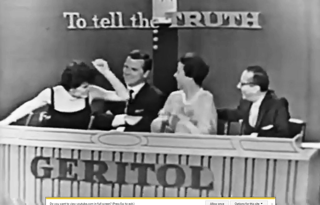 TV show To Tell the Truth sponsored by Geritol with celebrity panelists.