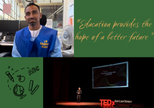 A photo collage with the words "education provides hope of a better future" and two brothers, one in prison and the other speaking a college, along with some school-themed clipart.