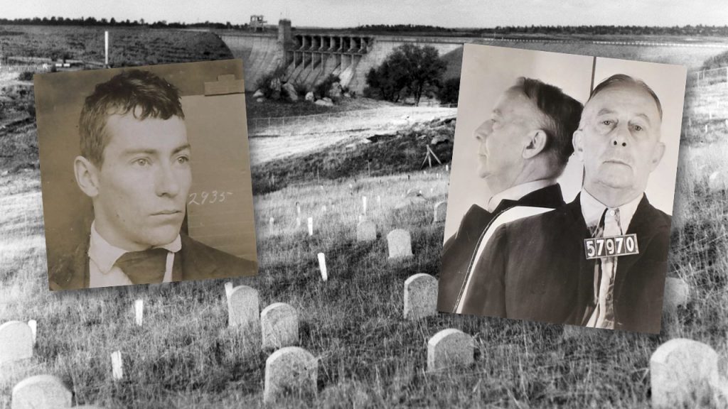 Two mugshots overlaying the Folsom State Prison cemetery.