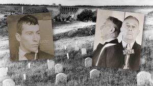 Two mugshots overlaying the Folsom State Prison cemetery.