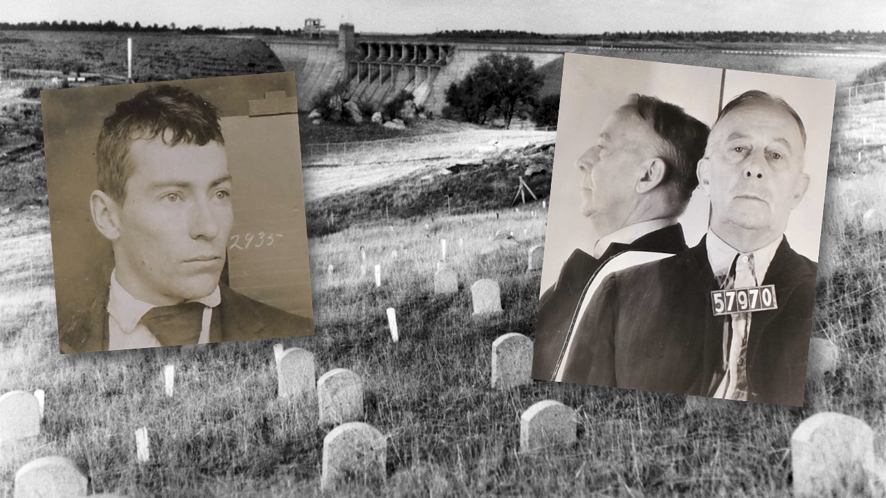 Two mugshots overlaying the Folsom State Prison cemetery.