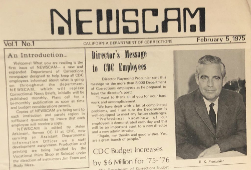 Newscam newspaper for department, the front page in February 1975 with a photo of Ray Procunier, the department director at the time.