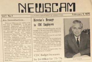 Newscam newspaper for department, the front page in February 1975 with a photo of Ray Procunier, the department director at the time.