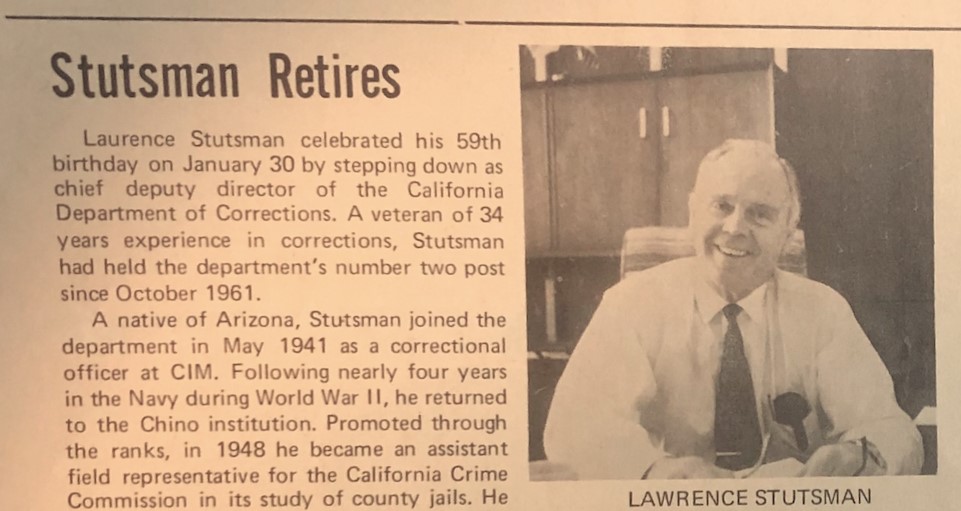 Newspaper page with Lawrence Stutsman photograph and the headline: Stutsman Retires.