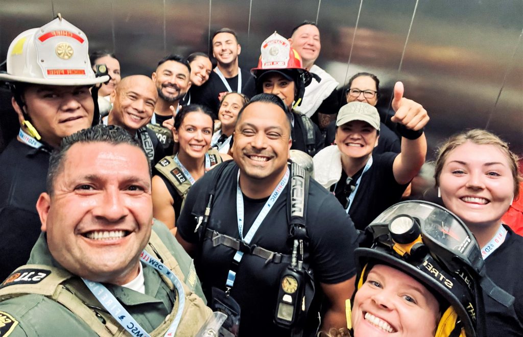Staff in an elevator. 