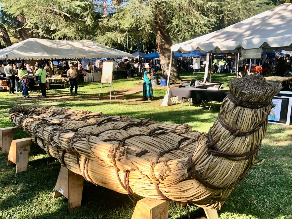A canoe made of reeds or thin branches. 