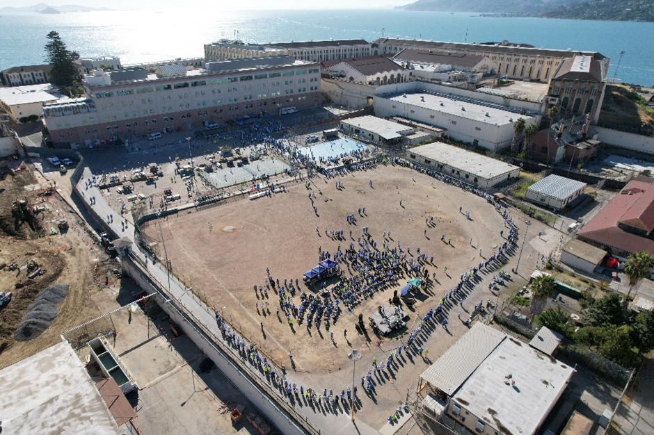 An aerial photo of San Quentin's lower yard.