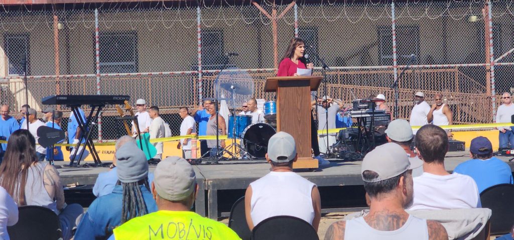 Taya Kyle speaks at San Quentin during a special event.