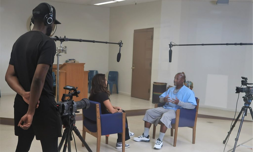 Between the Lines staff interview incarcerated participants at Calipatria State Prison.