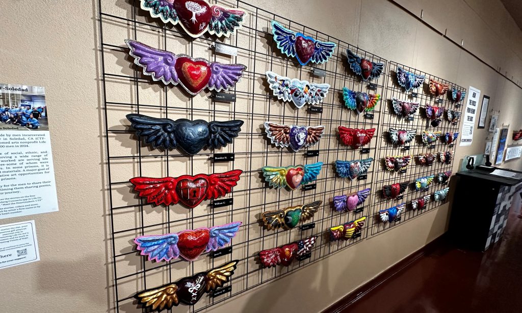 Artwork of heart with wings along a wall at the Marin County Civic Center in San Rafael.