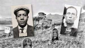 Two men's booking photos and the cemetery at San Quentin.