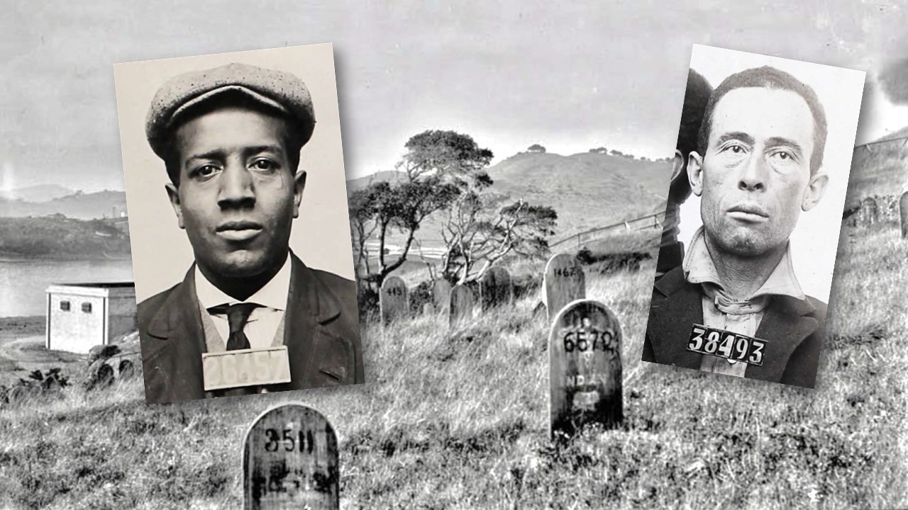 Two men's booking photos and the cemetery at San Quentin.