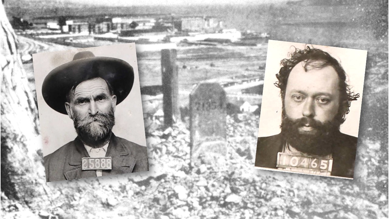 A farmer, George Biggs, and a self-appointed king, Judah Benjamin, over a background image of San Quentin Prison Cemetery for Cemetery Tales.