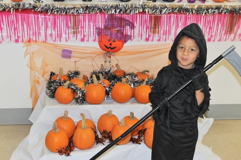 Pumpkins line a wall behind a child wearing a costume.