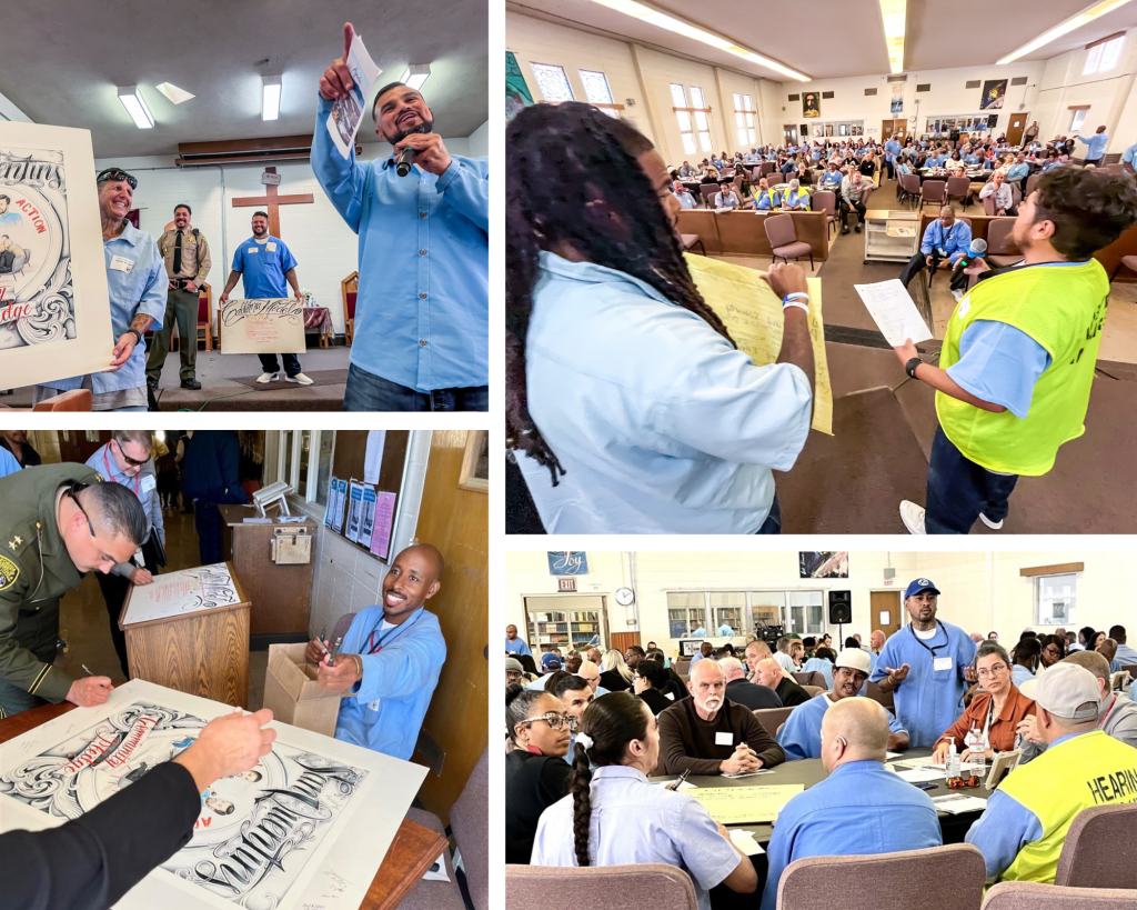A photo collage of the luncheon at San Quentin.