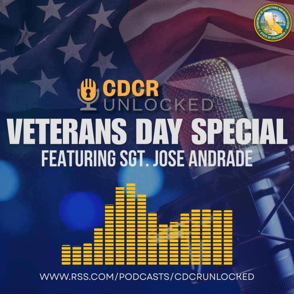 CDCR Unlocked Veterans Day Special podcast graphic with the words "featuring Sgt. Jose Andrade."