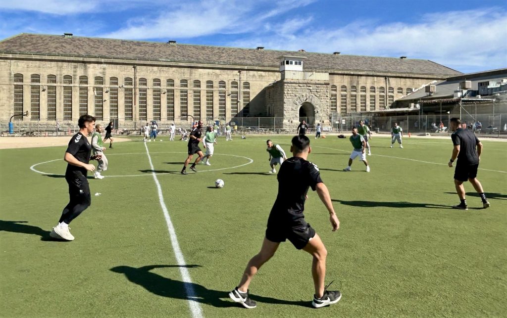 Scrimmage soccer game at Folsom State Prison.