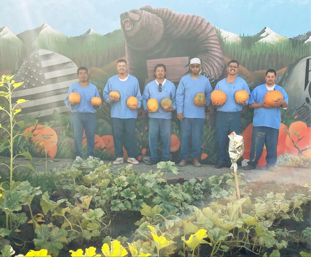 Incarcerated gardeners display pumpkins they grew in the Facility C Garden at Tehachapi.