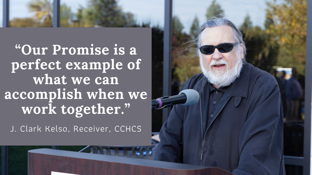 The quote, "Our Promise is a perfect example of what we can accomplish when we work together," overlaying a photo of J. Clark Kelso, the CCHCS Receiver.