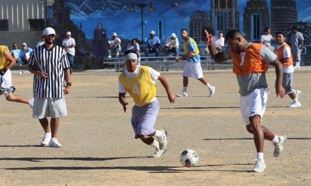 Intramural soccer game at RJ Donovan Correctional Facility (RJD).