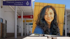 A photo of Brandi Abshire overlaying the medical area of a prison.