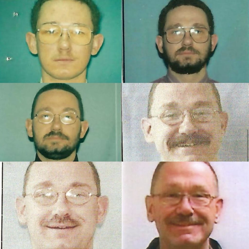 Six staff identification photos of Associate Warden David Groves throughout his long career.