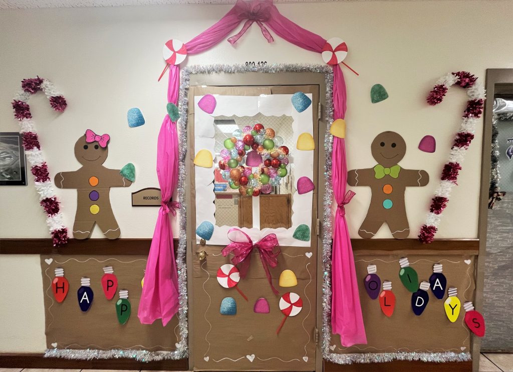 Gingerbread house style decorations at Calipatria State Prison. 