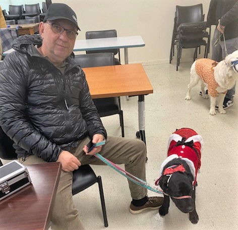 Sweater-wearing puppy on parade. 
