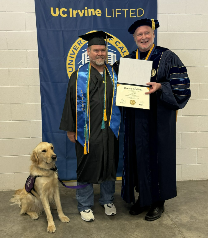 UC Irvine LIFTED graduate with dog and professor