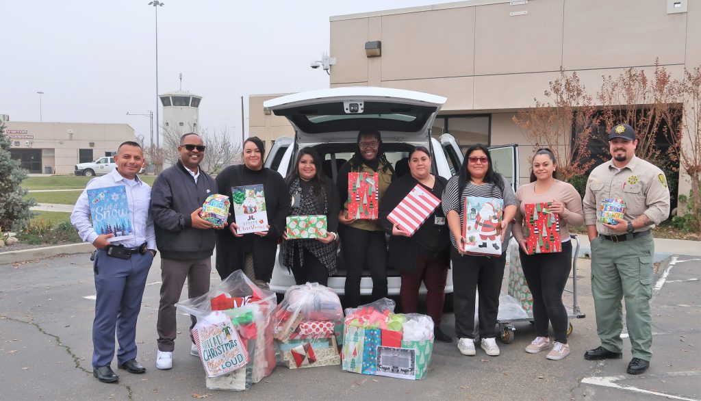 Staff with gifts at Valley State Prison in Chowchilla, California. 